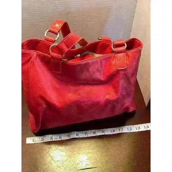 Nine West Red Tote Faux Leather Contrast Stitching Metal Studs - Picture 6 of 7